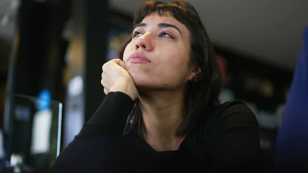Pensive Hispanic Latin Girl Thinking Young Woman Daydreaming Pondering Solution — Φωτογραφία Αρχείου
