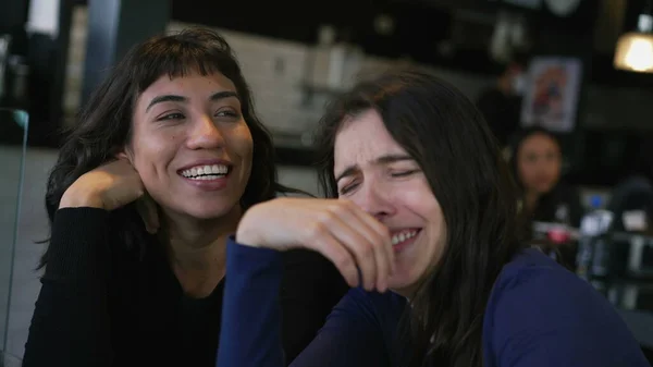 Happy women in conversation at cafe restaurant. Two people talking casually