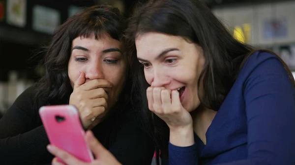 Two Young Women Looking Smartphone Device Screen Smiling Female Friends — 스톡 사진