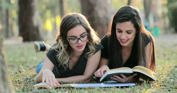 Girls Lying Grass Studying Books Students Reading Material Outdoors Sunlight — Stock Fotó