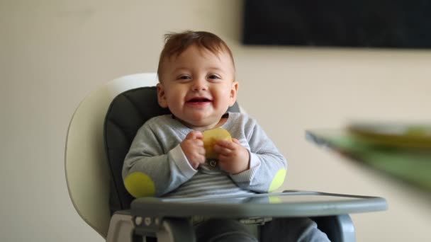 Adorable Cute Baby Smiling Camera Highchair — Vídeo de Stock