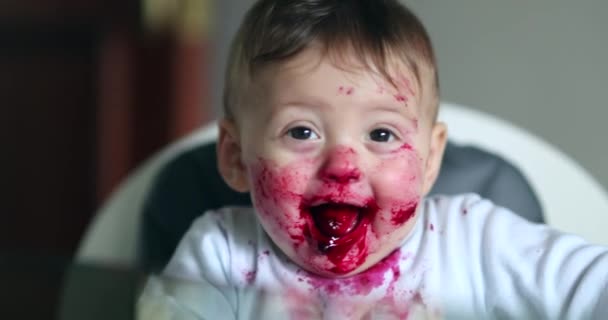 Baby High Chair Covered Red Sauce Messy Infant Baby Boy — ストック動画
