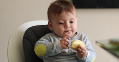Toddler baby eating healthy piece of healthy apple fruit