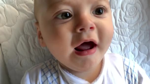 Closeup Baby Boy Face Complaining Upset — Stock video