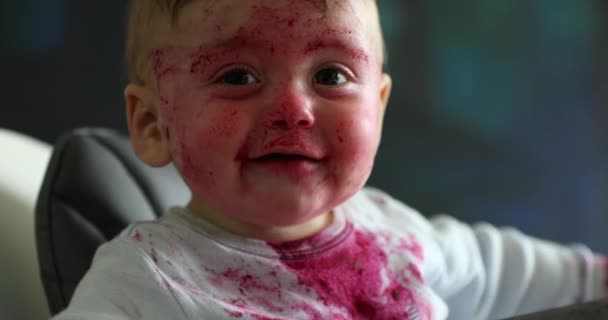 Funny Baby Covered Red Beet Sauce Juice Dirty Messy — Vídeo de stock