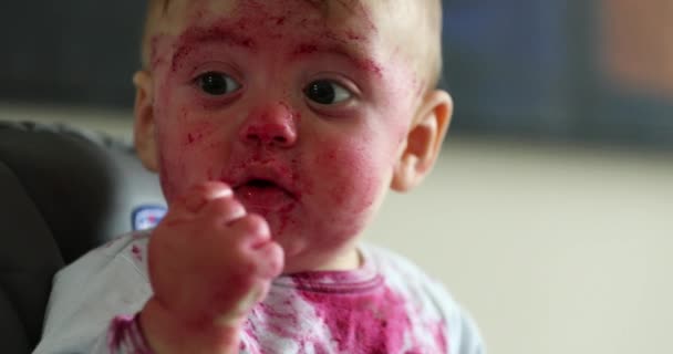 Cute Funny Baby Toddler Covered Beet Juice Red Sauce Face — Video Stock