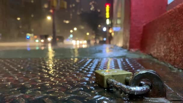 Closeup Padlock Object Sidewalk Door Leads Basement Night Rain — Stock video