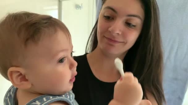 Mother Baby Bathroom Infant Wanting Play Toothbrush — Vídeo de Stock