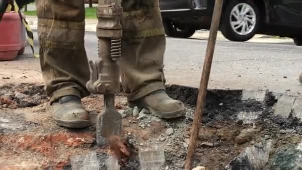 Building Demolition Jack Hammer Drill Breaking Concrete Asphalt — Wideo stockowe