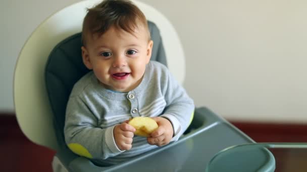 Happy Cute Adorable Baby Boy Infant Highchair Looking Camera Smiling — Video Stock