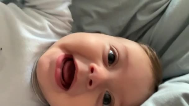 Closeup Baby Infant Toddler Boy Looking Camera Happy — Vídeos de Stock