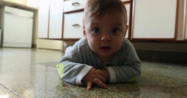 Happy Baby Boy Kitchen Floor Smiling Camera — Vídeo de Stock