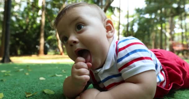 Мати Прибирає Щось Від Немовляти Хлопчика Відкритому Парку — стокове відео