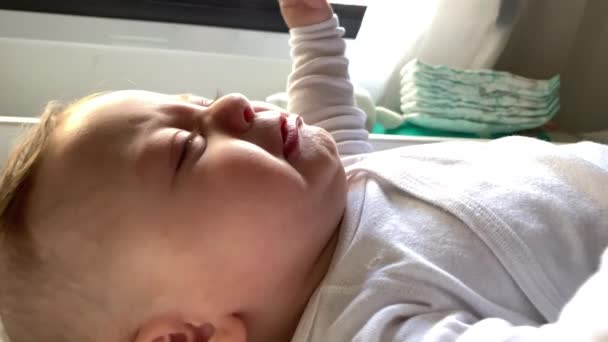 Cute Adorable Upset Baby Infant Complaining — Stockvideo