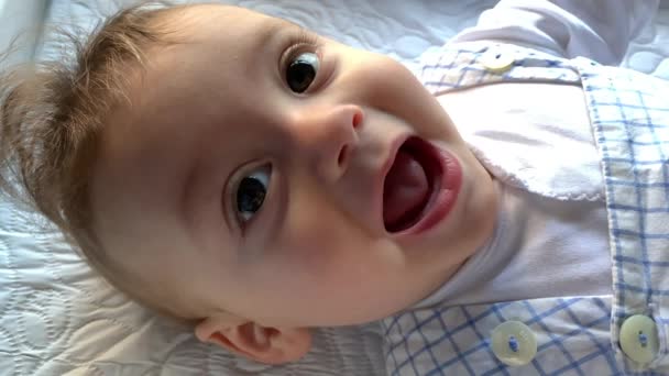Adorable Baby Blond Boy Face Closeup Happy — Video