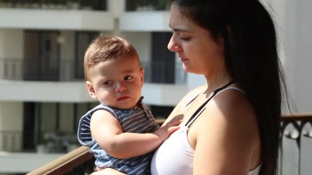 Mom Holding Baby Boy Son Balcony Daylight — Wideo stockowe