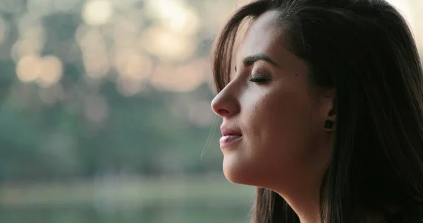 Young Woman Eyes Closed Taking Deep Breath Park — Foto de Stock