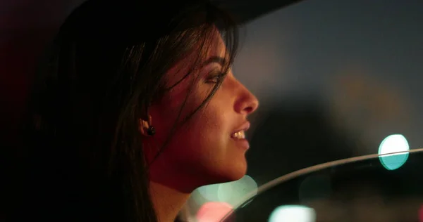 Passenger Young Woman Riding Taxi Back Seat Car Night Looking — Fotografia de Stock