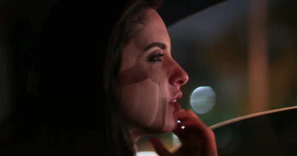 Passenger Young Woman Riding Taxi Back Seat Car Night Looking — Foto de Stock