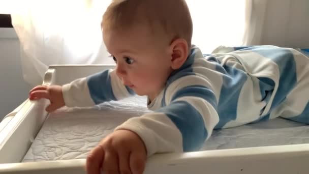 Cute Baby Infant Toddler Boy Expxloring Discovering World — ストック動画