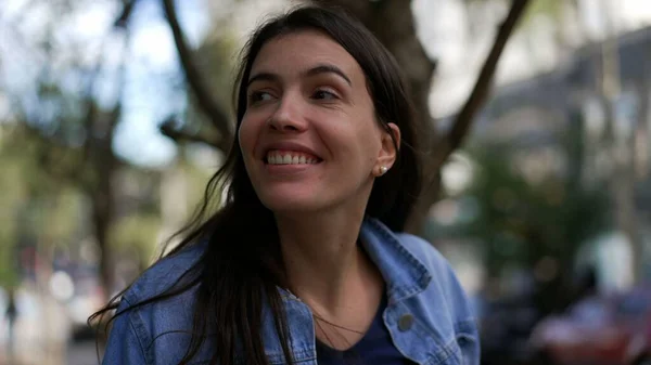 Portrait Happy Young Woman Walking Forward City Smiling Person Walks — Stock Fotó