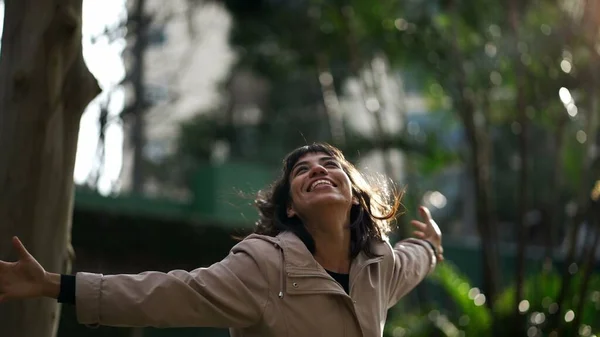 One Happy Hispanic Woman Arms Raised Air Celebrating Life Joyful — Foto de Stock