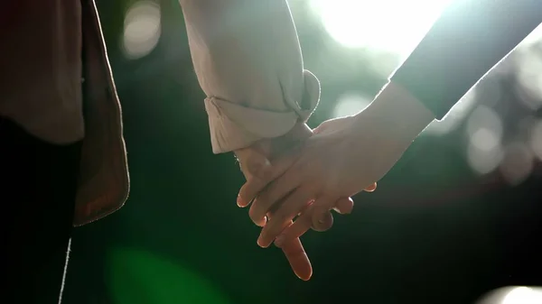 Two People Joining Hands Sun Flare Background Closeup Girlfriends Joined — Stock Photo, Image