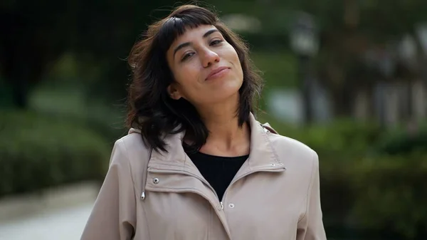 Young Woman Wearing Jacket Smiling Camera South American Latin Girl — Stock Fotó