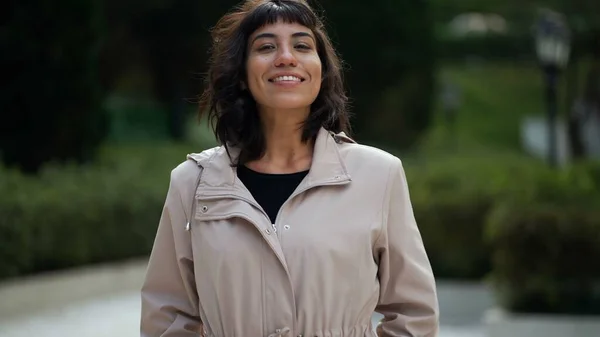 Young Woman Wearing Jacket Smiling Camera South American Latin Girl — Stockfoto
