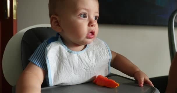 Расстроенный Малыш Сидящий Стуле Родители Пытаются Накормить Рассерженного Младенца — стоковое видео