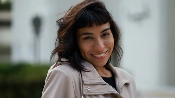 Young Woman Wearing Jacket Smiling Camera South American Latin Girl — Zdjęcie stockowe