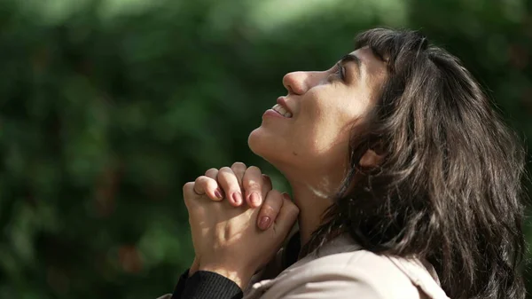 Hopeful Woman Praying God Standing Looking Sky Girl Closing Eyes — 图库照片