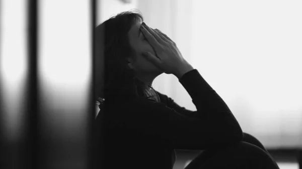 Monochromatic Shot Desperate Young Woman Suffering Emotional Pain Sitting Floor — Foto Stock