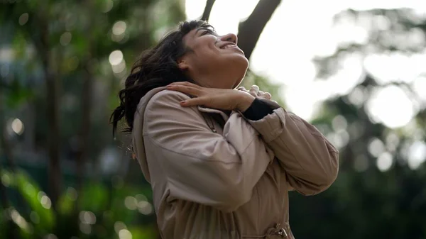 One Happy Hispanic Woman Arms Raised Air Celebrating Life Joyful — ストック写真