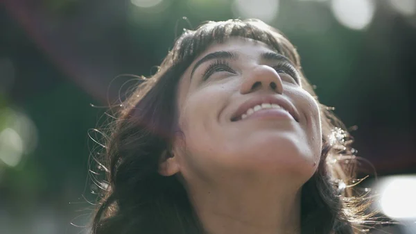 Contemplative Young Woman Looking Sky Hope Faith Spiritual South American — Stockfoto