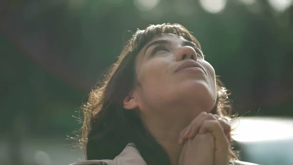 Hopeful Woman Praying God Standing Looking Sky Girl Closing Eyes — Stockfoto