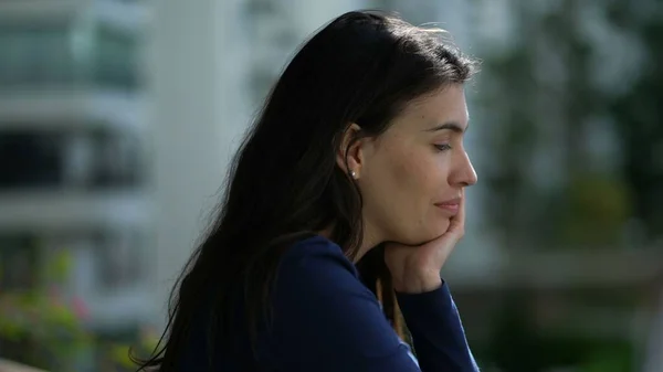 Pensive Happy Woman Daydreaming Thoughtful Person Standing Home Balcony Smiling — ストック写真