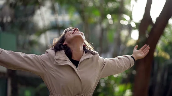 Joyful Hispanic Woman Feeling Happy South American Person Celebrates Achievement — Φωτογραφία Αρχείου