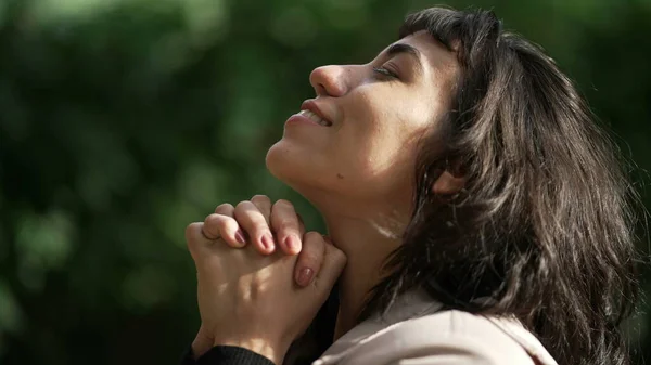 Hopeful Woman Praying God Standing Looking Sky Girl Closing Eyes — Stockfoto
