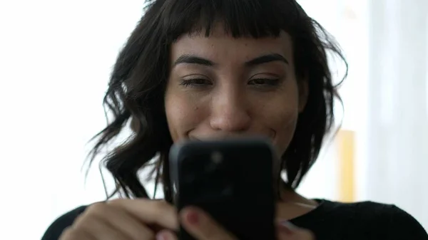 One Young Hispanic Latin Girl Browsing Internet Phone South American — 스톡 사진