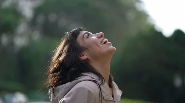 Happy Brazilian Woman Feeling Happy Excited Hispanic Person Looking Sky — Foto Stock