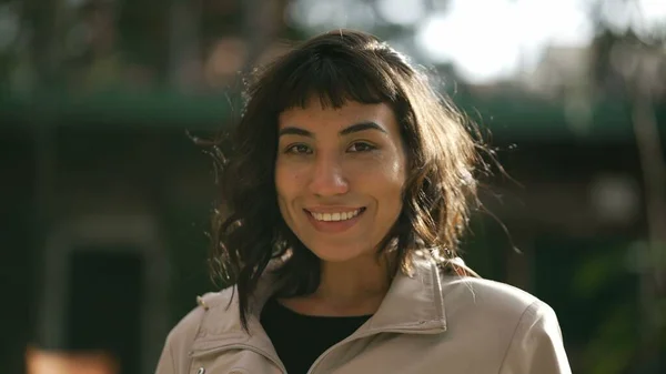 One Young Hispanic Woman Standing Sun Flare Shining Portrait South — Stockfoto