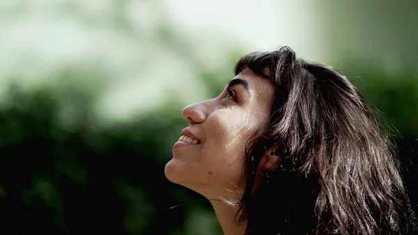 Contemplative Young Woman Looking Sky Hope Faith Spiritual South American — Stockfoto