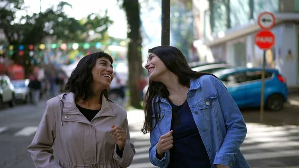 Two Happy Female Friends Dancing City Street Celebrating Life Happy — стоковое фото