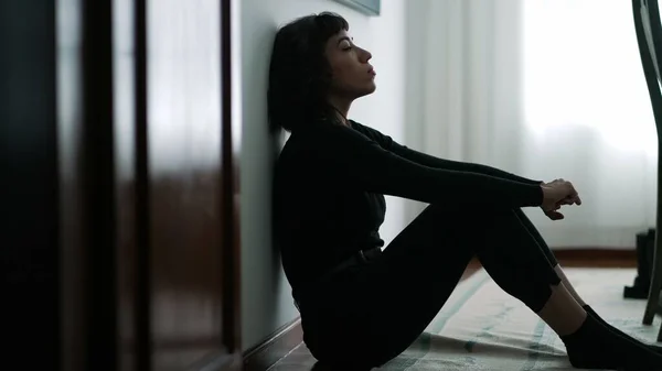 One Pensive Sad Hispanic Woman Sitting Home Floor Pondering Problems — Photo