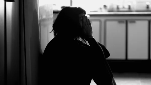 Person Suffering Mental Illness Sitting Floor Home Monochrome Girl Struggling — Stock Fotó