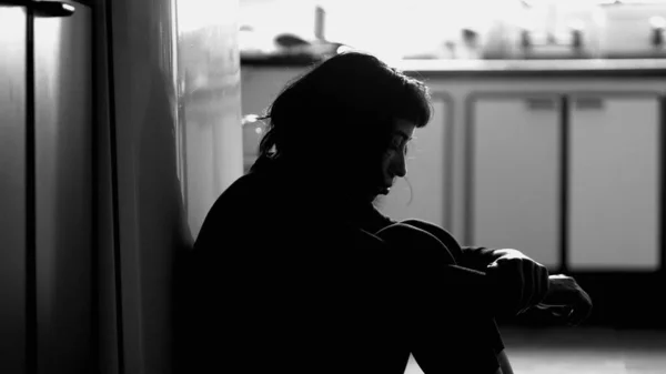 Person Suffering Mental Illness Sitting Floor Home Monochrome Girl Struggling — Foto Stock