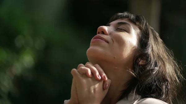 Hopeful Woman Praying God Standing Looking Sky Girl Closing Eyes — Fotografia de Stock