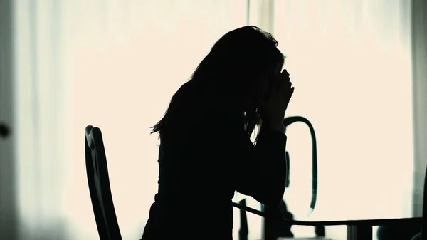 Silhouette Suffering Woman Sitting Home Mental Pain — Stockfoto