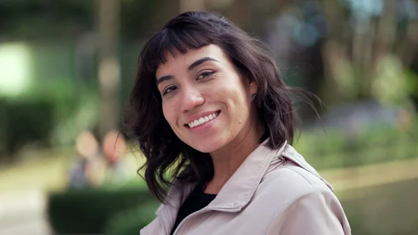 Happy South American Young Woman Portrait Face Smiling Camera Standing — Fotografia de Stock